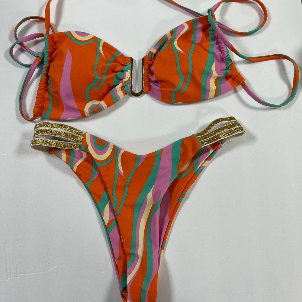 Orange Multicolor Wave Print Bikini Set - Women
